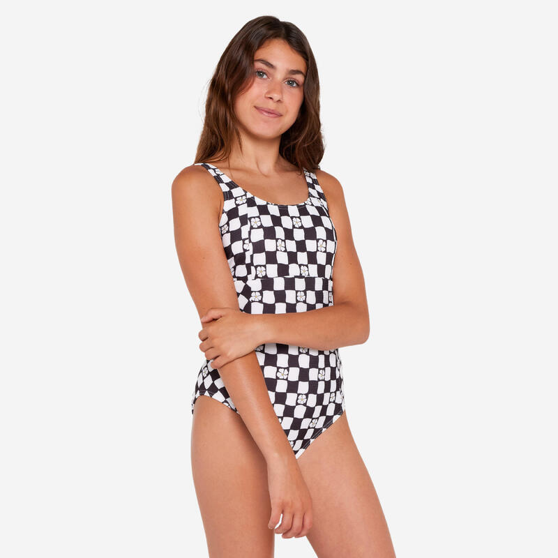 Maillot de bain une pièce surf texturé réglable Fille - 500 Elea noir et blanc