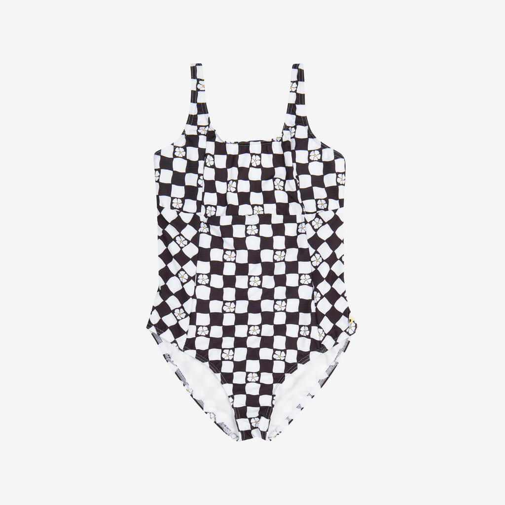 Maillot de bain une pièce surf texturé réglable Fille - 500 Elea noir et blanc