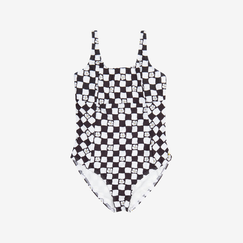 Maillot de bain une pièce surf texturé réglable Fille - 500 Elea noir et blanc