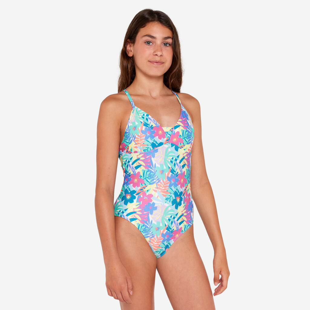Maillot de bain une pièce surf bretelles croisées Fille - 500 Caly vert