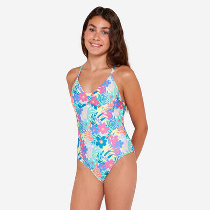 Maillot de bain une pièce surf bretelles croisées Fille - 500 Caly vert