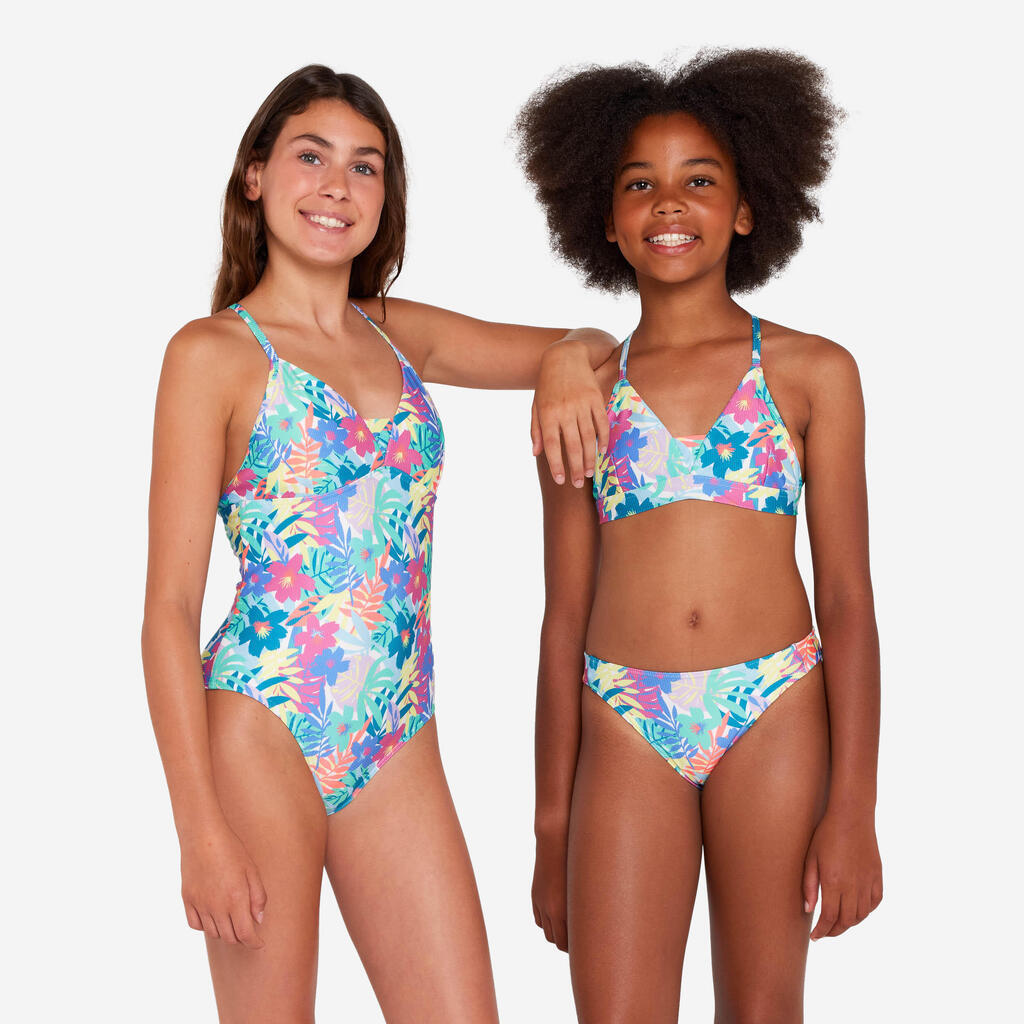 Girl’s one-piece surf swimsuit with cross-over straps - 500 Caly blue and white