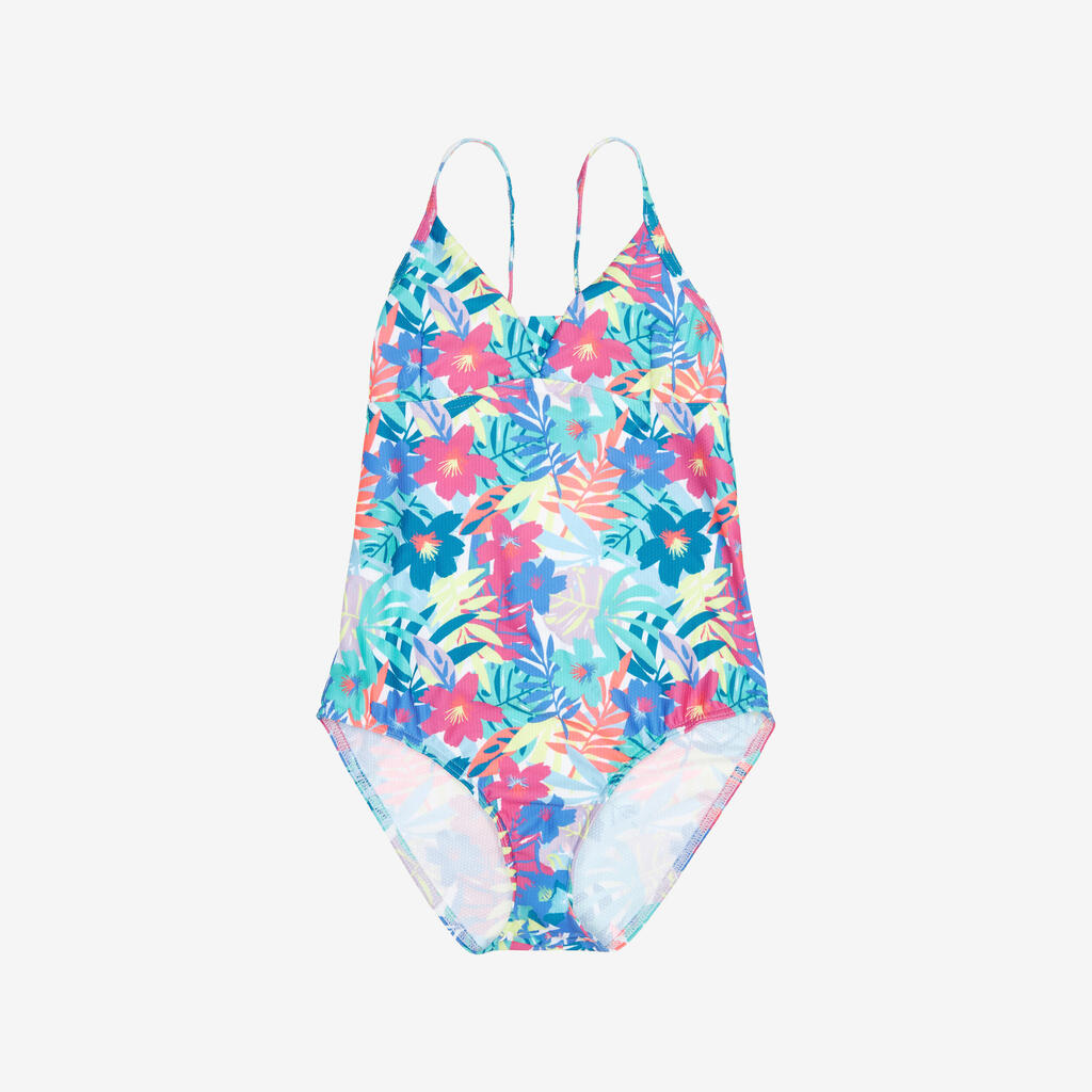 Girl’s one-piece surf swimsuit with cross-over straps - 500 Caly blue and white