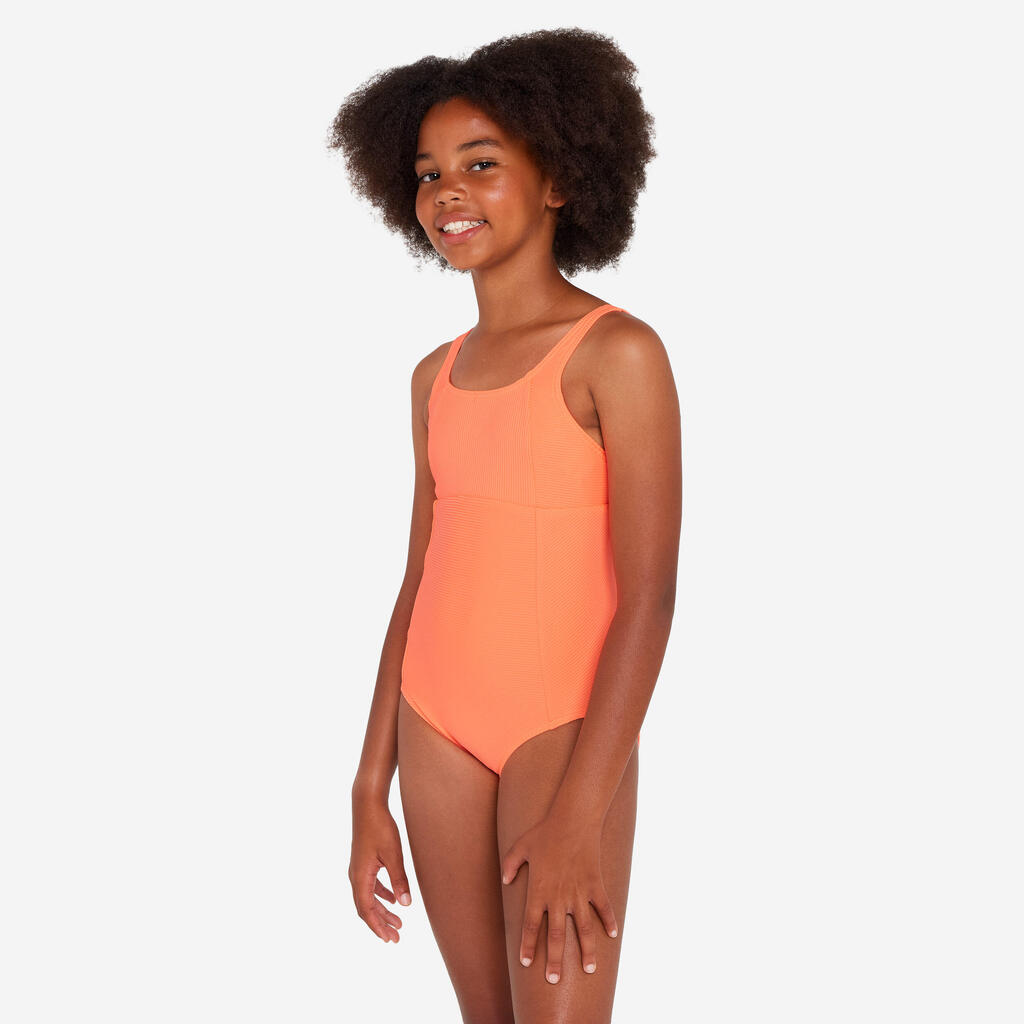 Girl’s one-piece surf swimsuit adjustable textured - 500 Elea coral