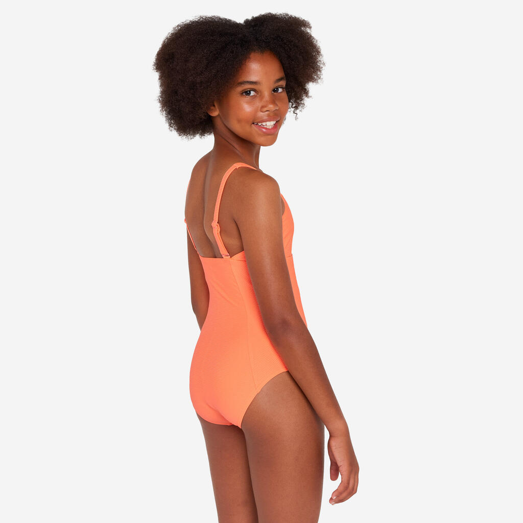Girls’ surfing adjustable textured one-piece swimsuit - 500 Elea black and white