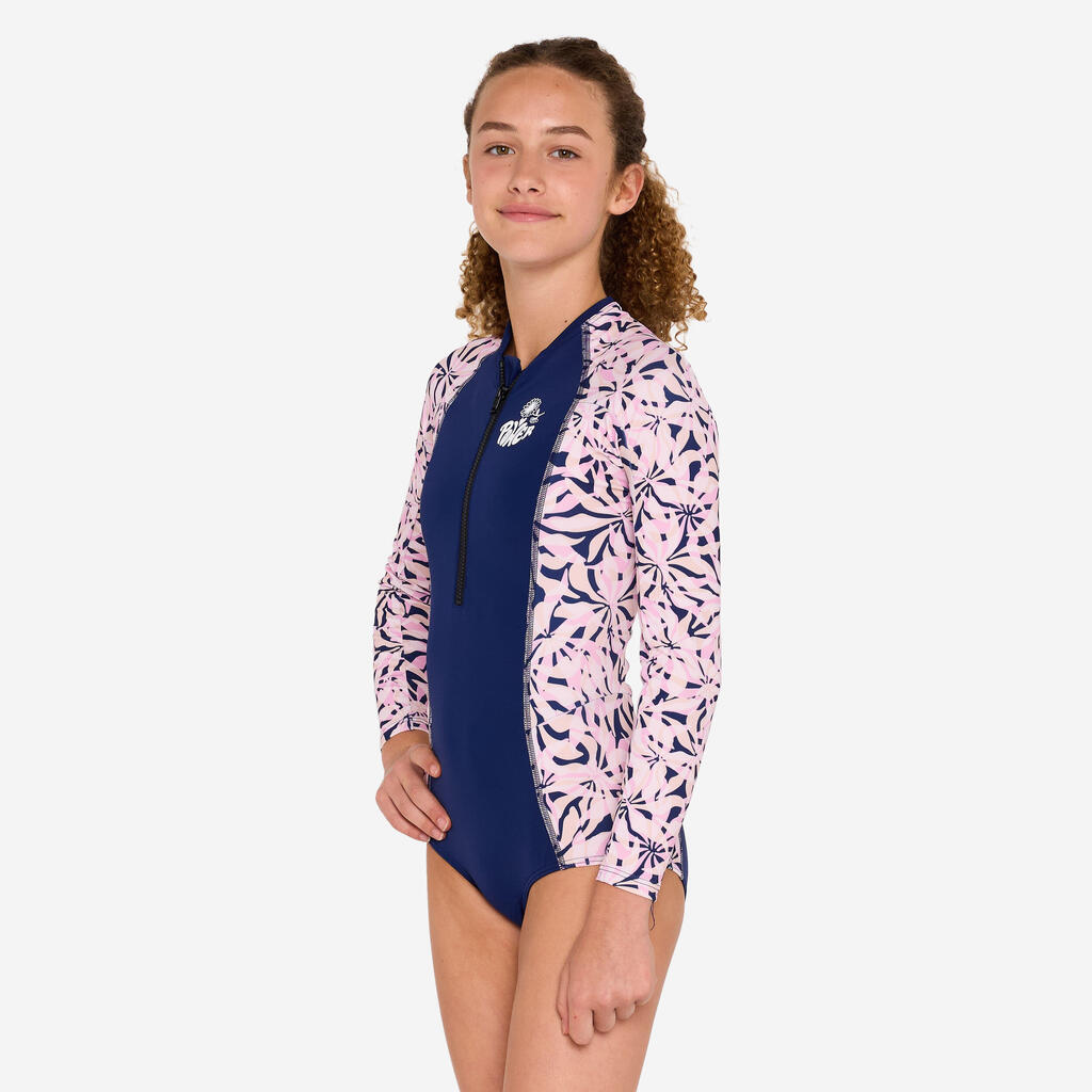 Girls’ surfing front zip long sleeve one-piece swimsuit - 500 Lucy lilac