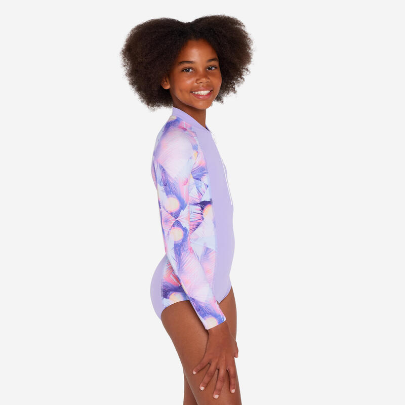 Maillot de bain une pièce surf manches longues zip avant Fille - 500 Lucy violet