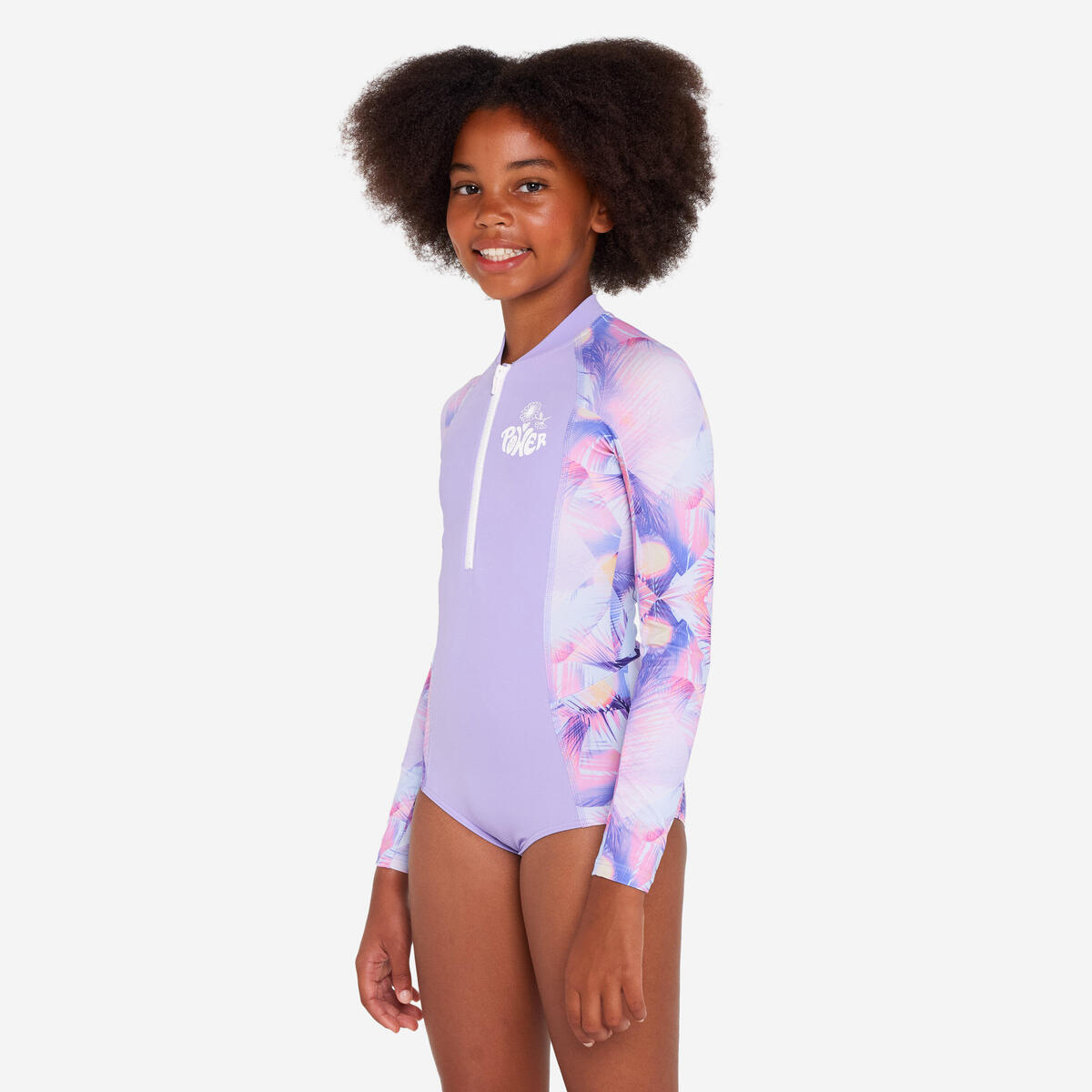 Maillot de bain une pièce surf manches longues zip avant Fille - 500 Lucy violet
