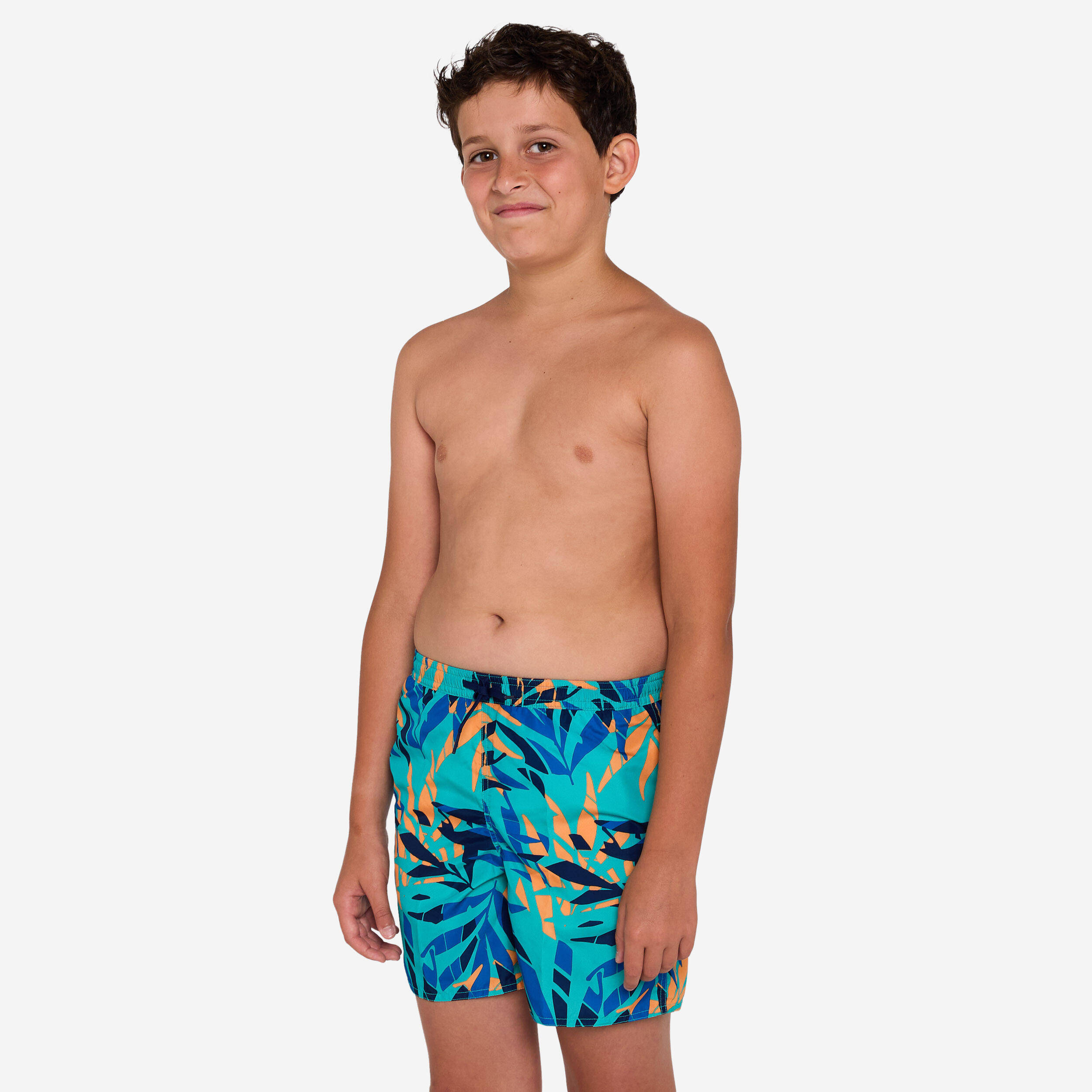 Boys’ surfing swim shorts with pockets - 100 Shadow palm turquoise -  2