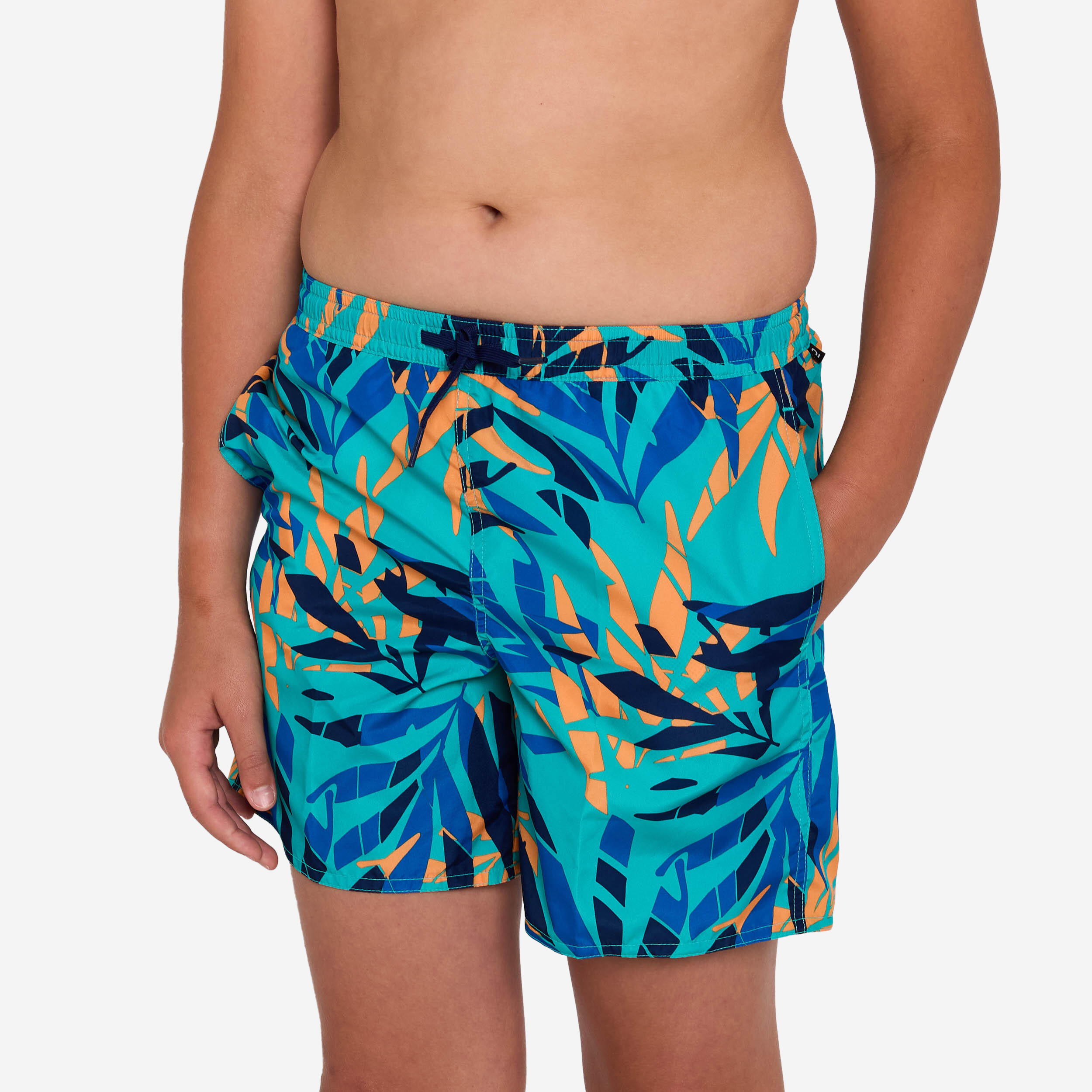 Boys’ surfing swim shorts with pockets - 100 Shadow palm turquoise