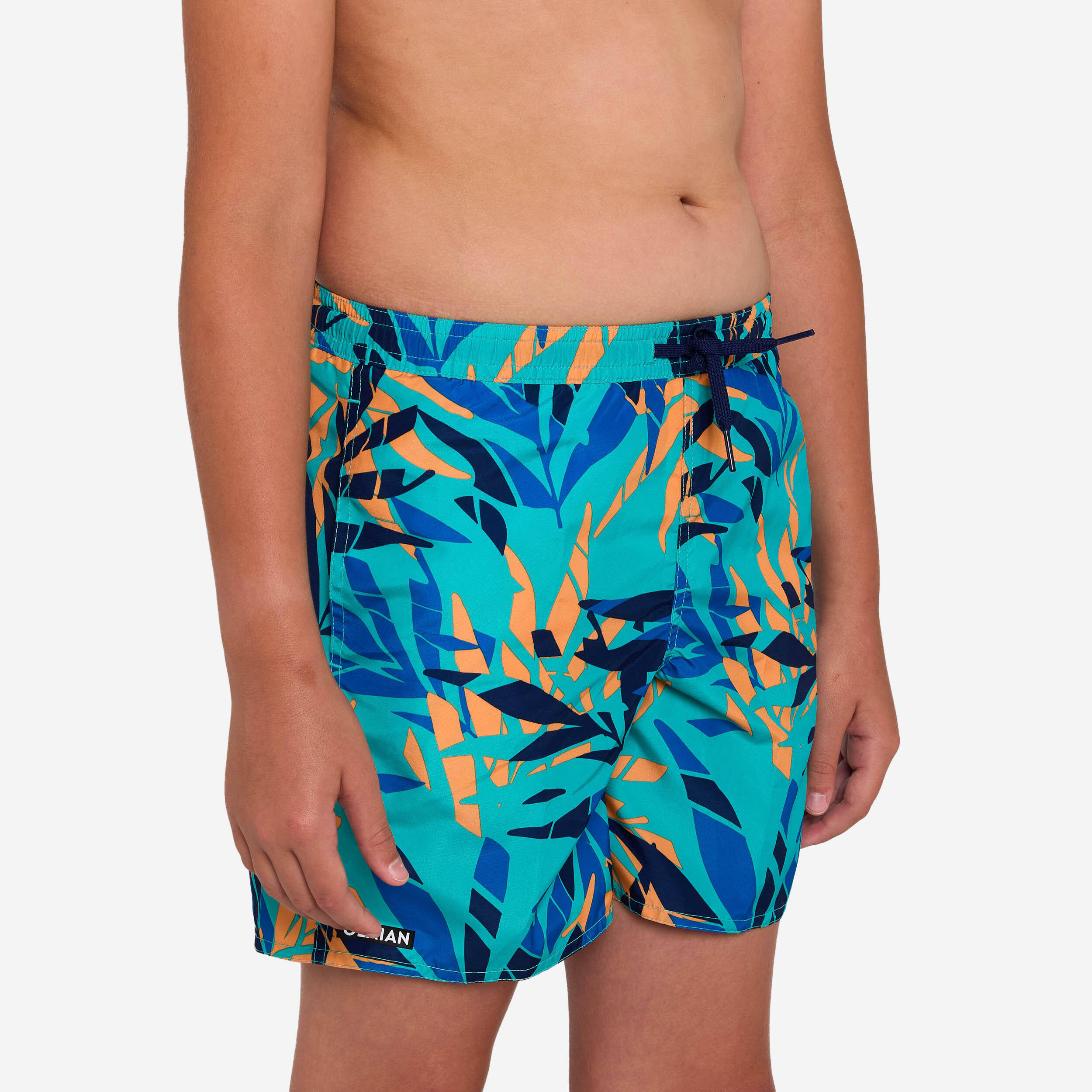 Boys’ surfing swim shorts with pockets - 100 Shadow palm turquoise -  3