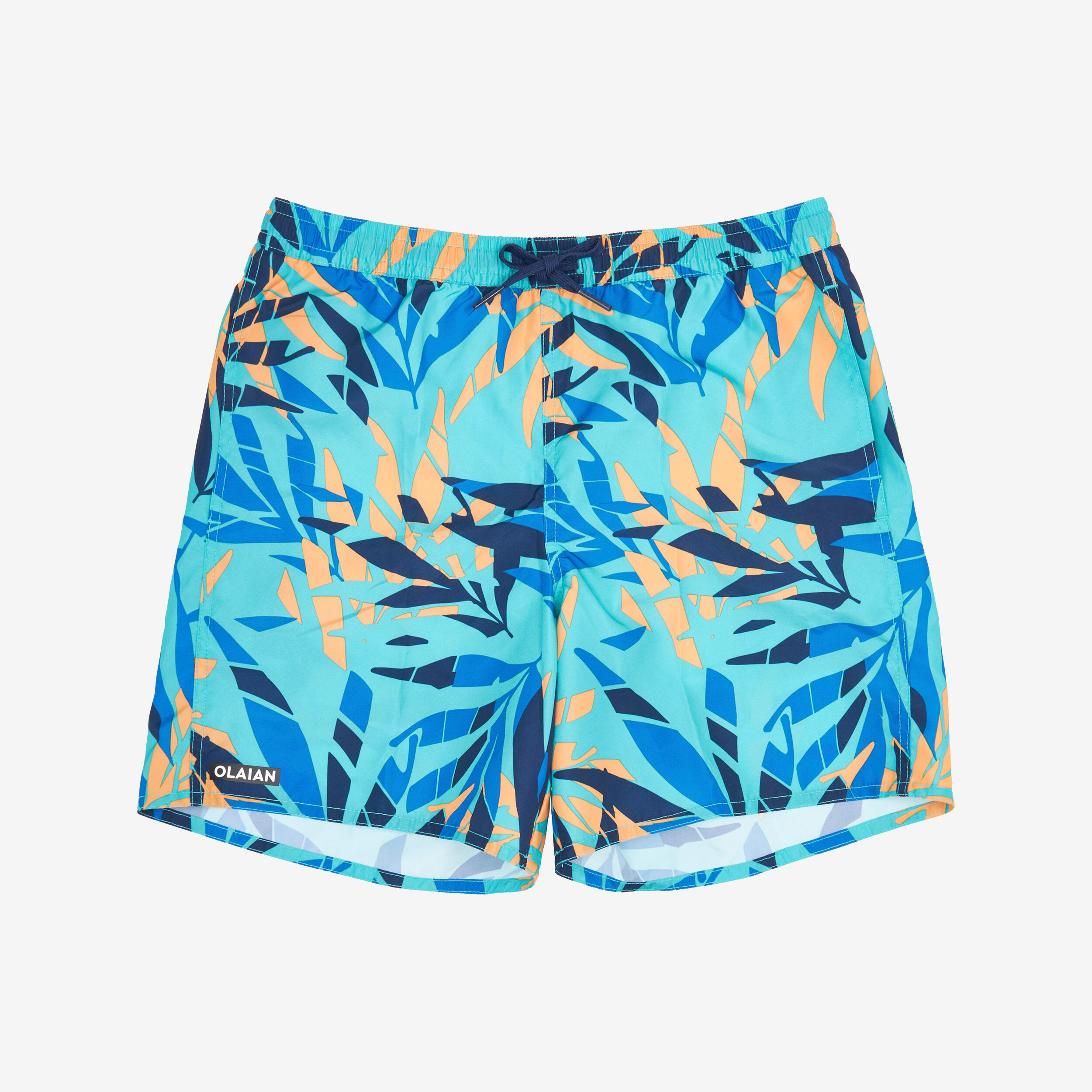 Boys’ surfing swim shorts with pockets - 100 Shadow palm turquoise