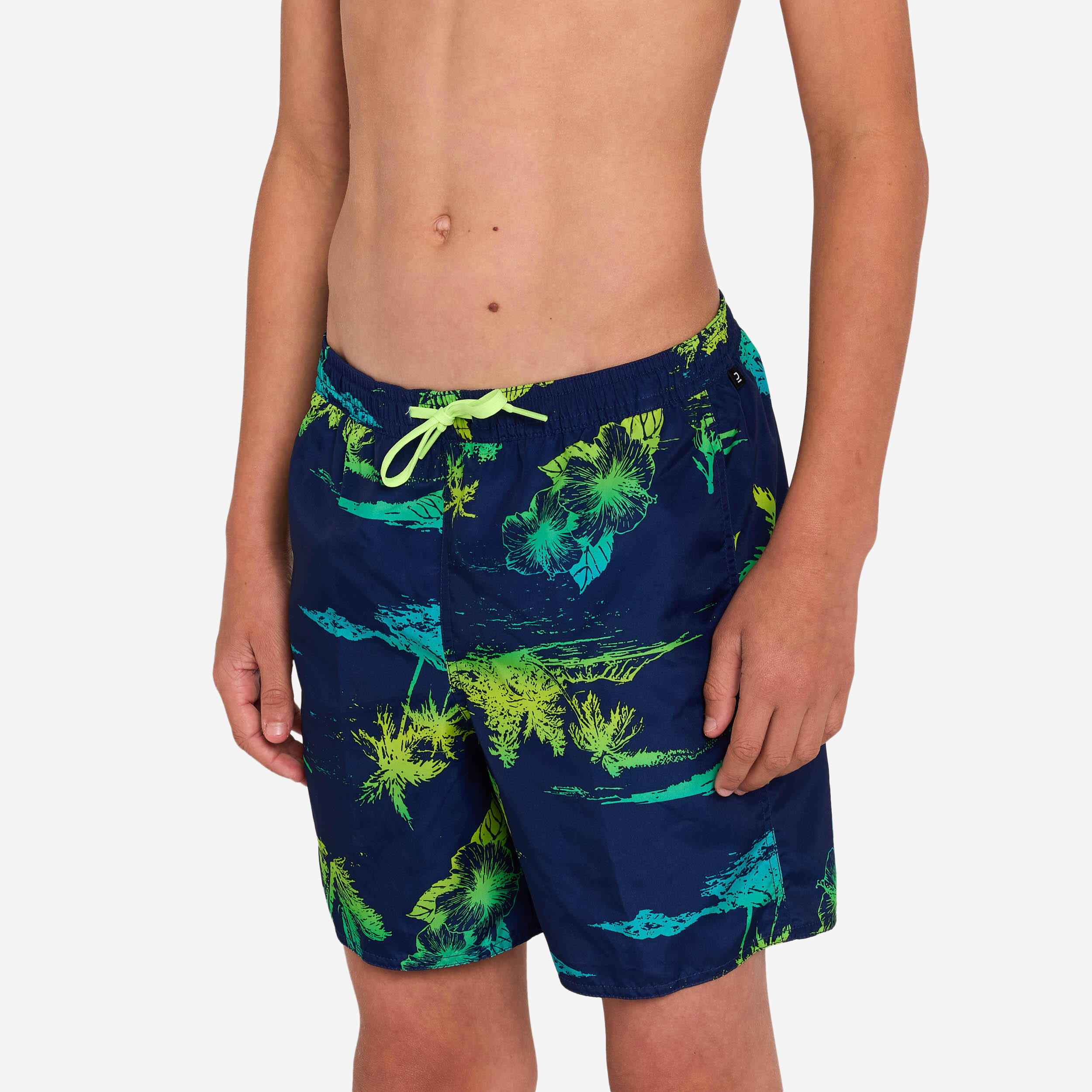 Boys’ surfing swim shorts with pockets - 100 Stories dark blue