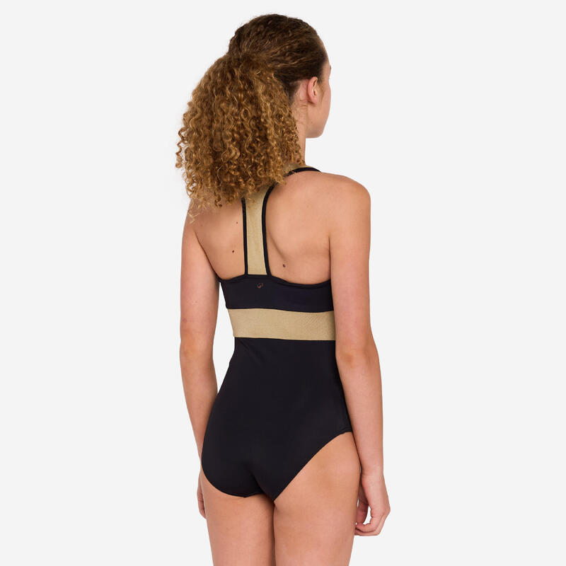 Maillot 1 pièce surf dos Y zip avant fille - 900 Calysta noir et or