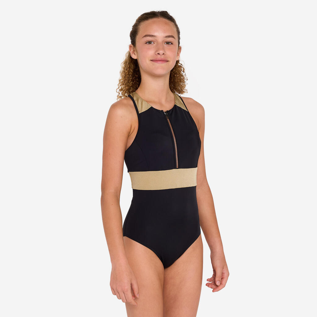 Maillot 1 pièce surf dos Y zip avant fille - 900 Calysta noir et or