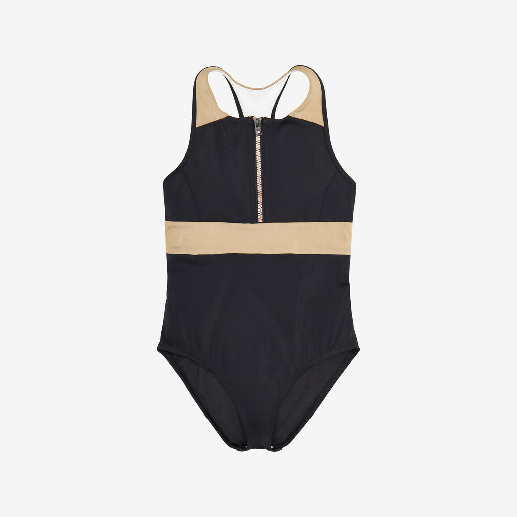 Maillot 1 pièce surf dos Y zip avant fille - 900 Calysta noir et or