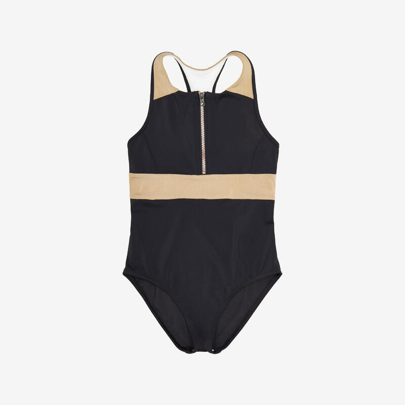 Maillot 1 pièce surf dos Y zip avant fille - 900 Calysta noir et or