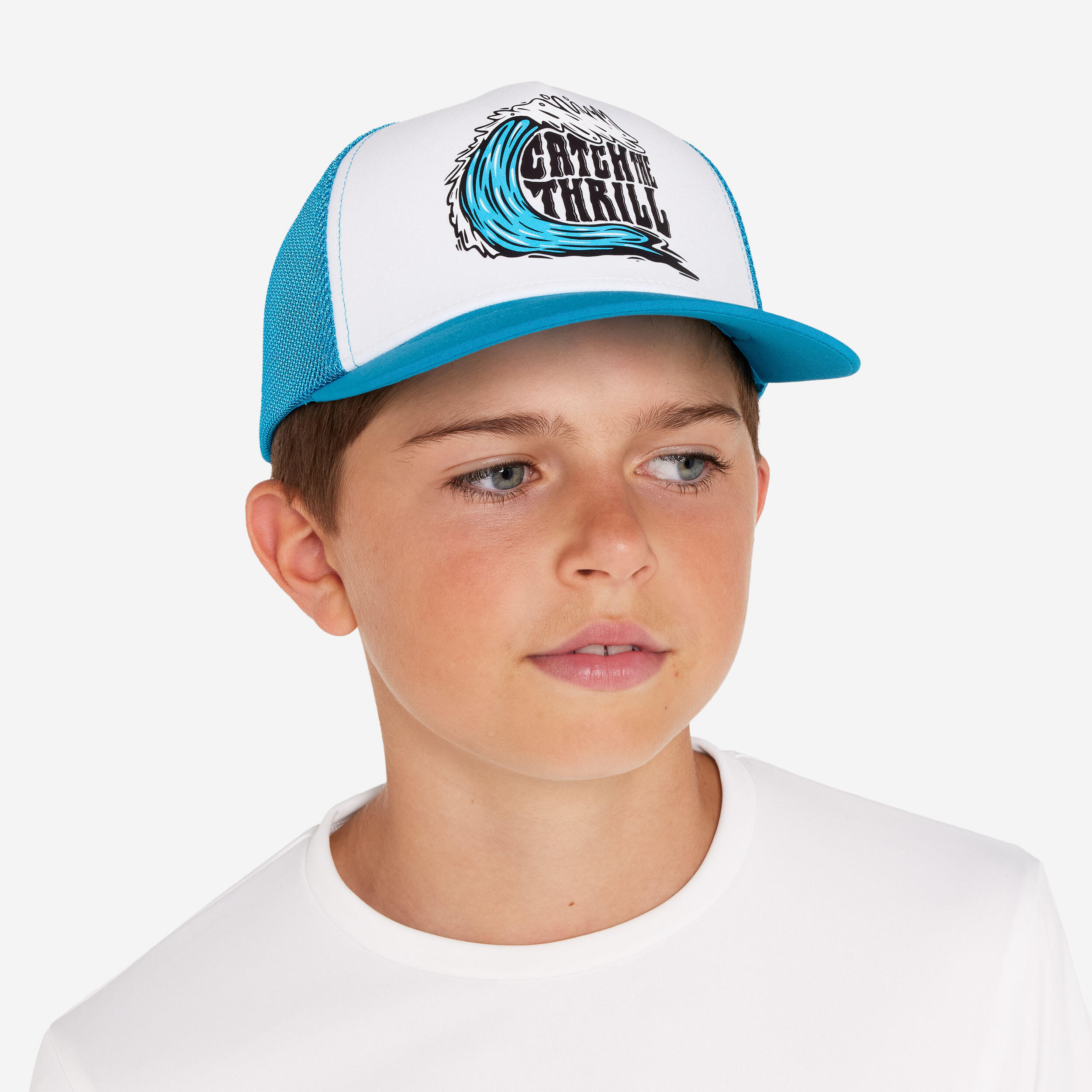 Kids’ surfing trucker cap - Catch thrill blue and white