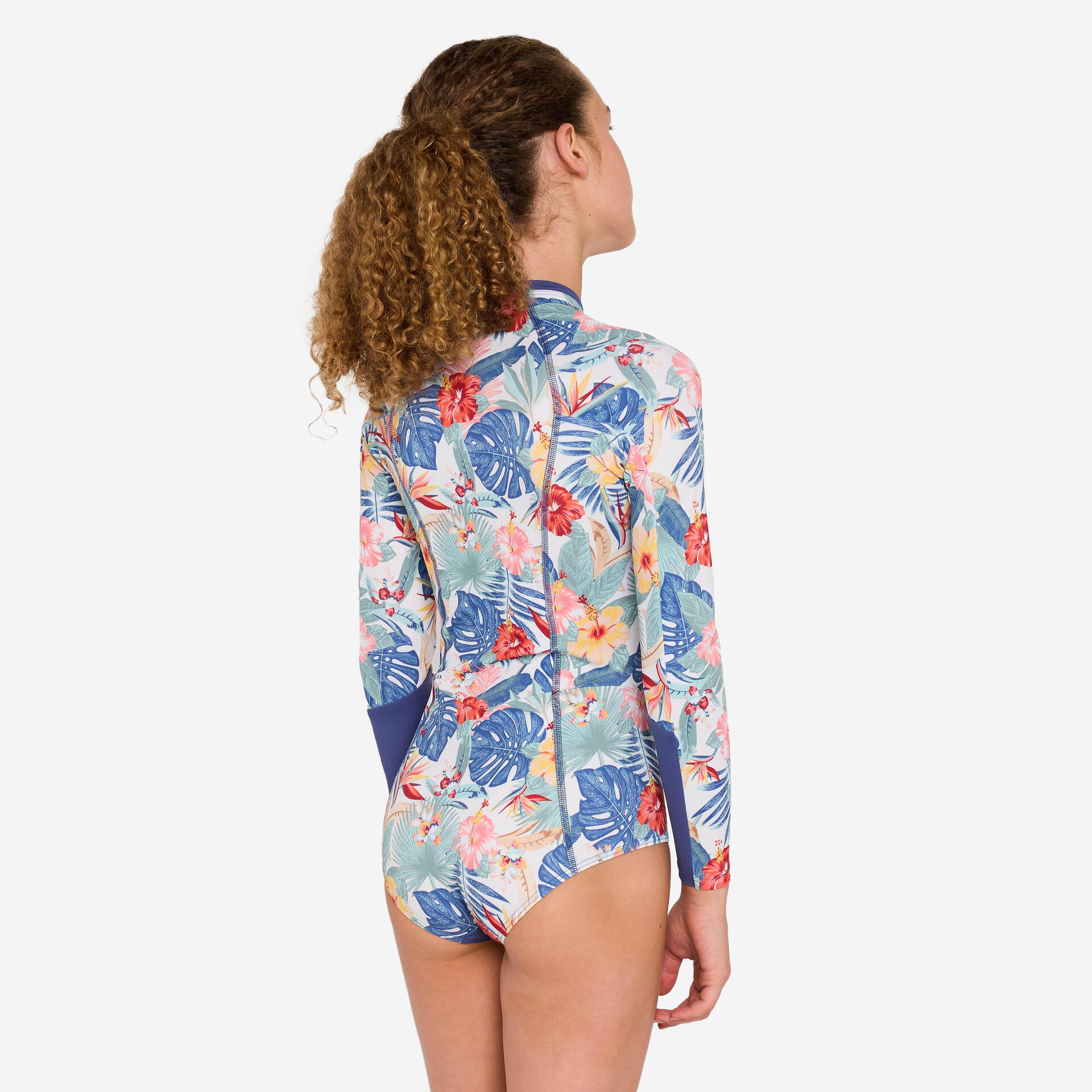 Girls' surfing front zip long sleeve one-piece swimsuit 500 blue