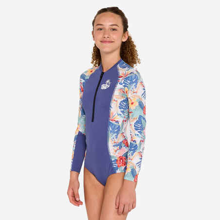 Girls’ surfing front zip long sleeve one-piece swimsuit - 500 blue