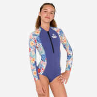 Girls’ surfing front zip long sleeve one-piece swimsuit - 500 blue