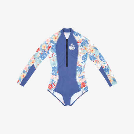 Girls’ surfing front zip long sleeve one-piece swimsuit - 500 blue