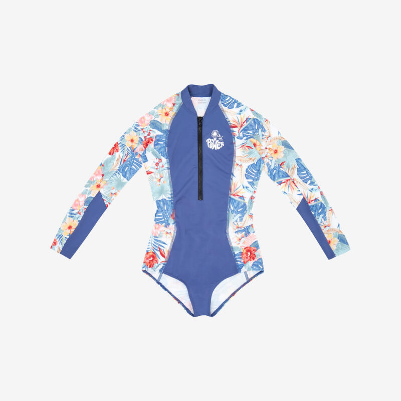 Maillot de bain une pièce surf manches longues zip avant Fille - 500 bleu
