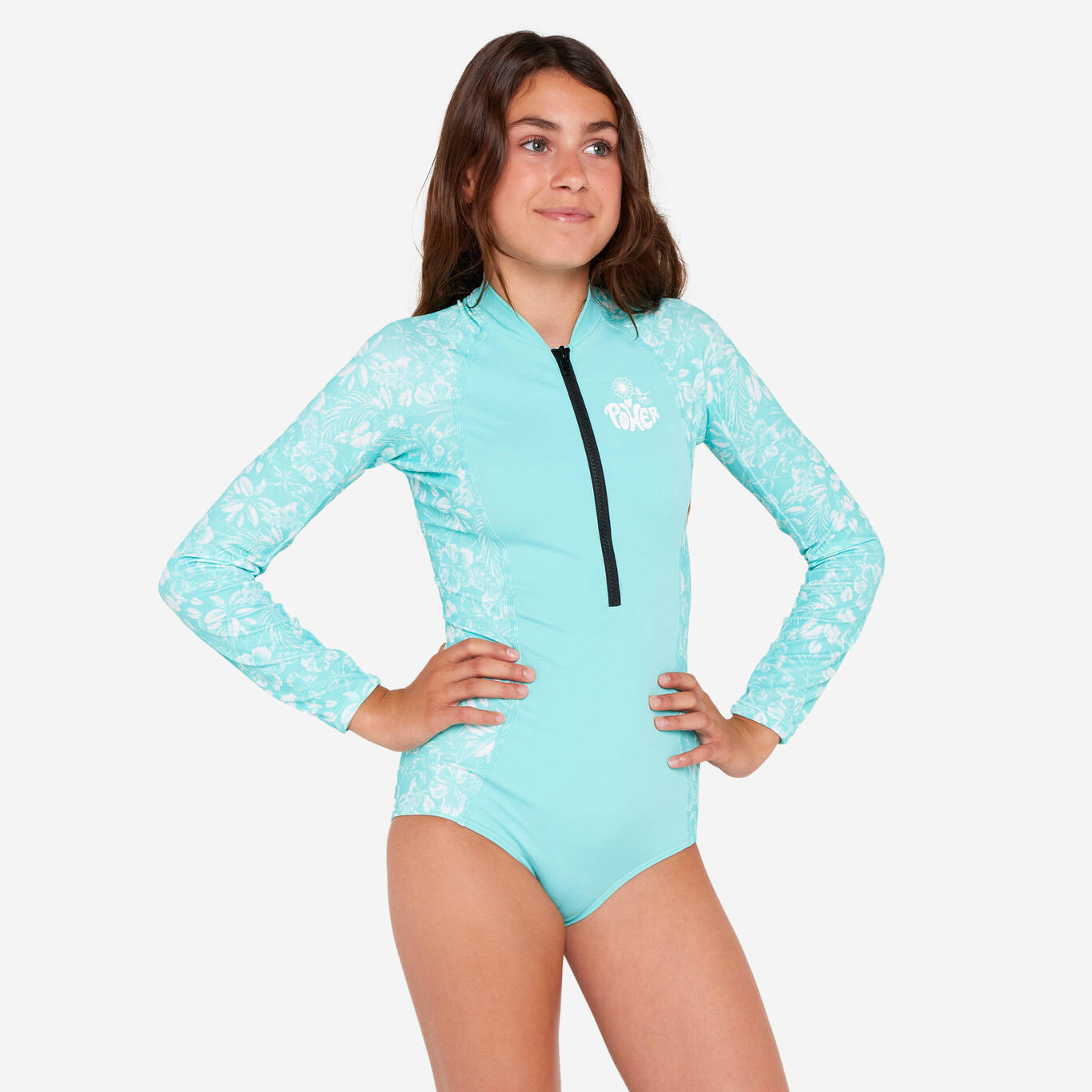 Girls’ surfing front zip long sleeve one-piece swimsuit - 500 turquoise