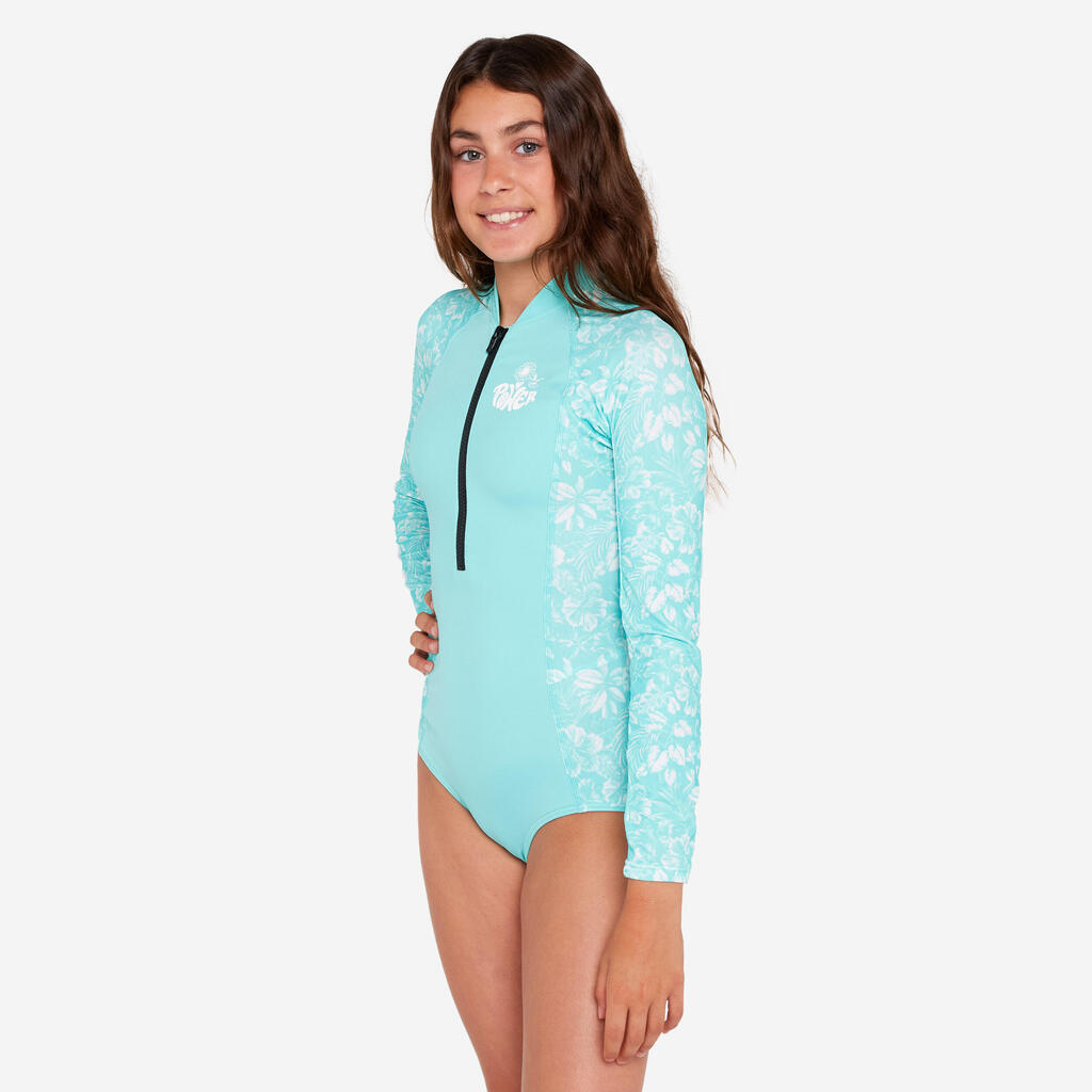 Maillot de bain une pièce surf manches longues zip avant Fille - 500 turquoise