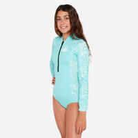 Girls’ surfing front zip long sleeve one-piece swimsuit - 500 turquoise