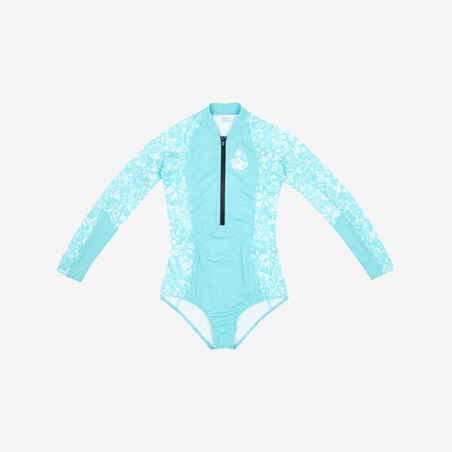 Girls’ surfing front zip long sleeve one-piece swimsuit - 500 turquoise