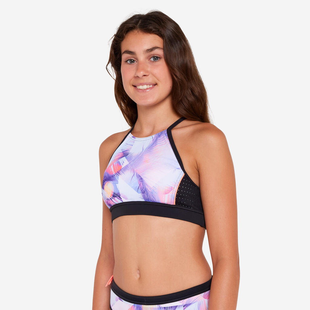 Girls’ surfing crop top swimsuit top - 900 Baha posy pink