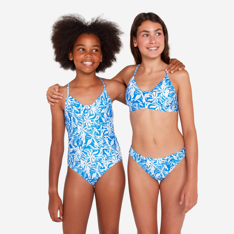 Maillot de bain une pièce surf bretelles croisées Fille - 500 Caly bleu et blanc
