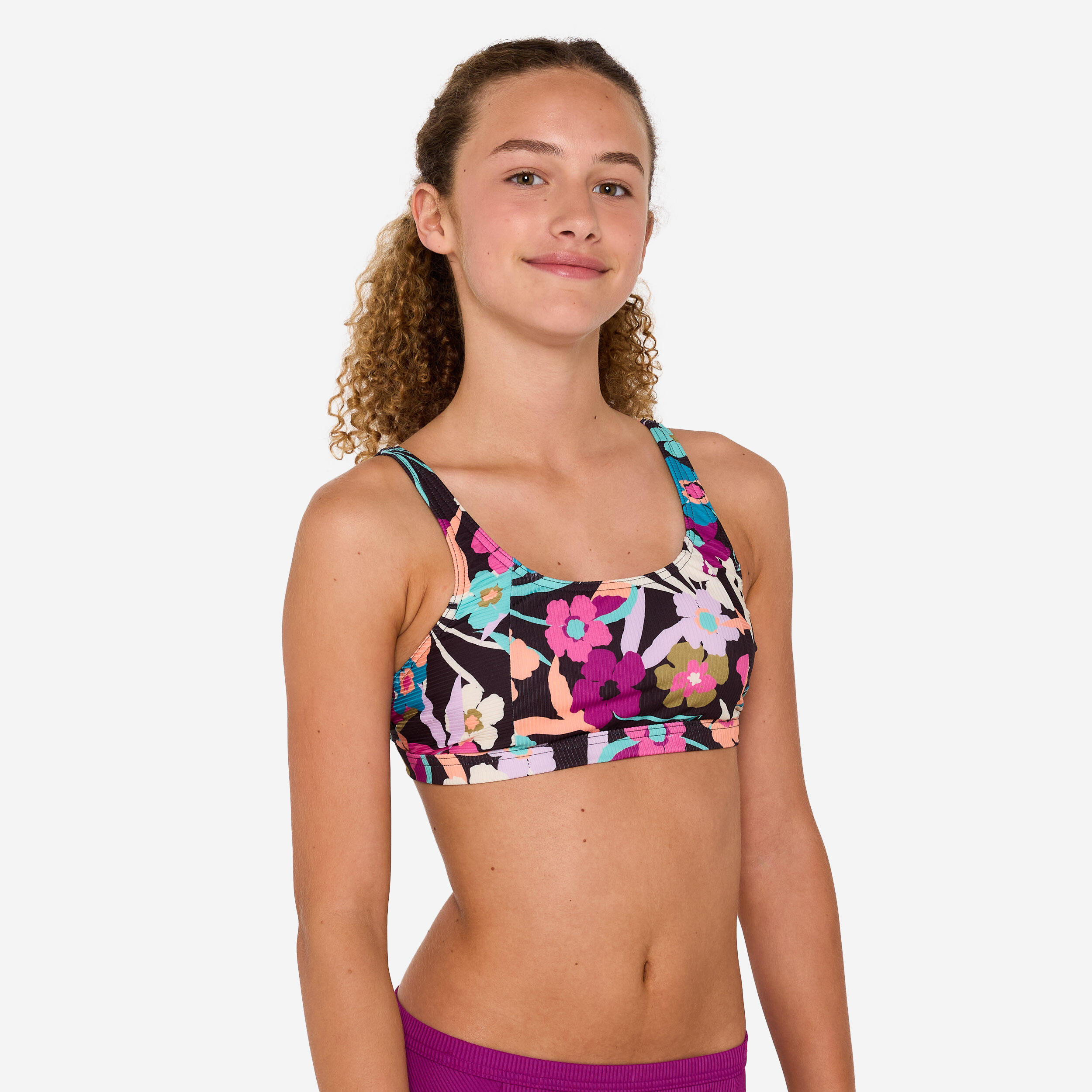 Bikini-Oberteil Mädchen Bustier verstellbar 500 Nora Azalea geblümt/schwarz 3/7
