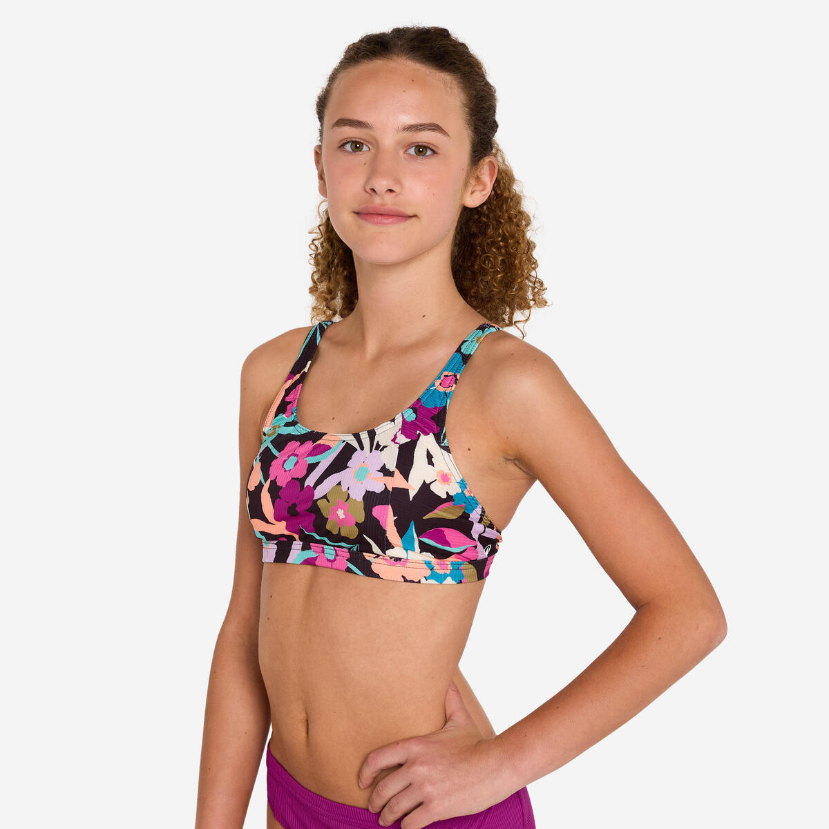 Haut de maillot de bain brassière fleuri réglable Fille - 500 Nora azalea noir