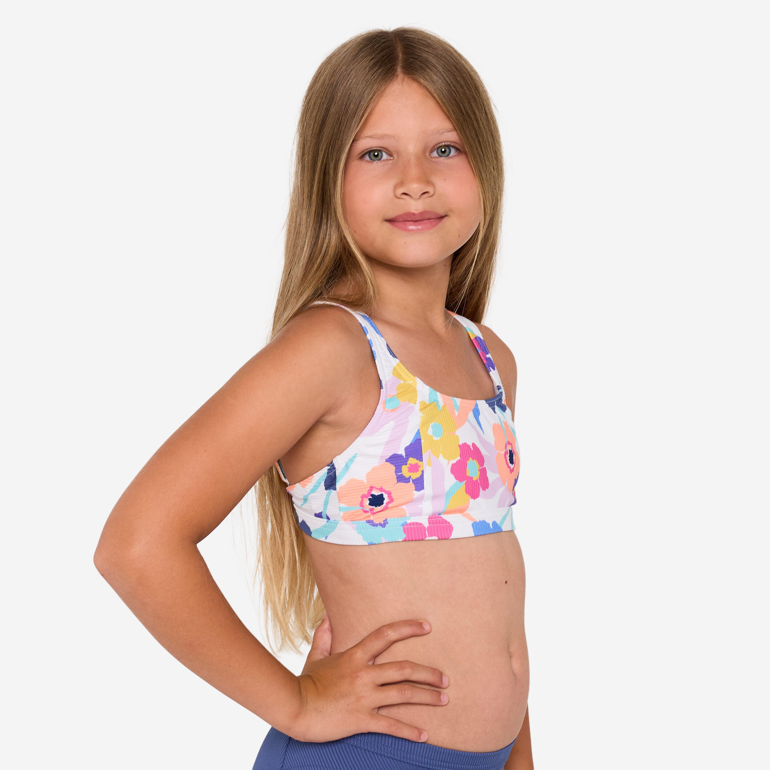 Bikini-Oberteil Mädchen Bustier verstellbar 500 Nora weiss/geblümt 3/6