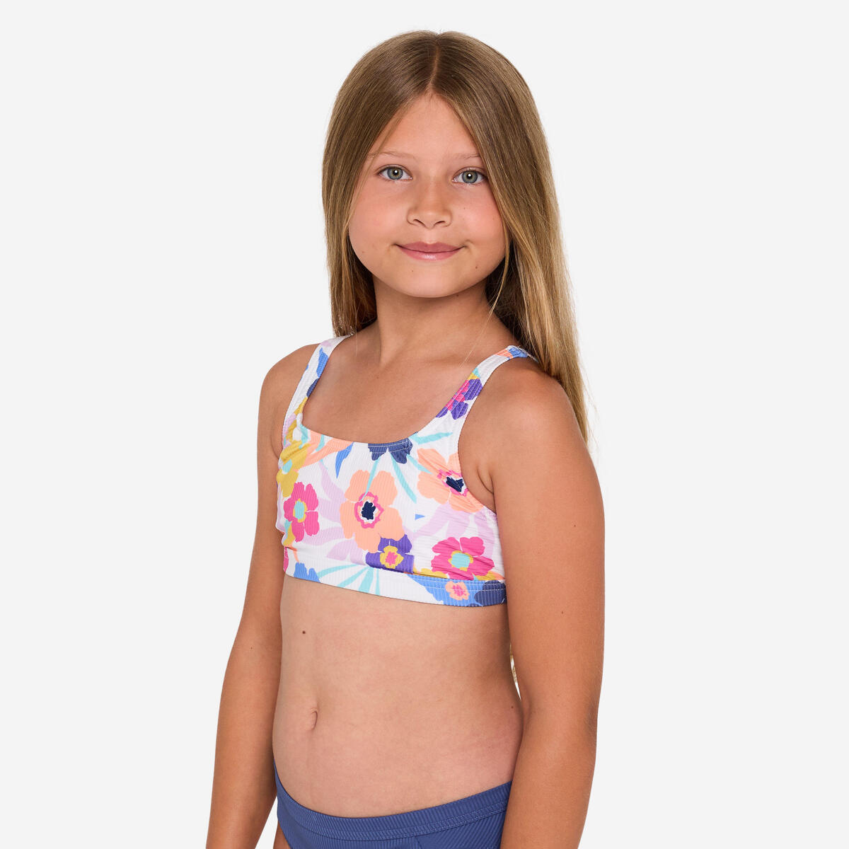 Haut de maillot de bain brassière  fleuri réglable Fille - 500 Nora blanc