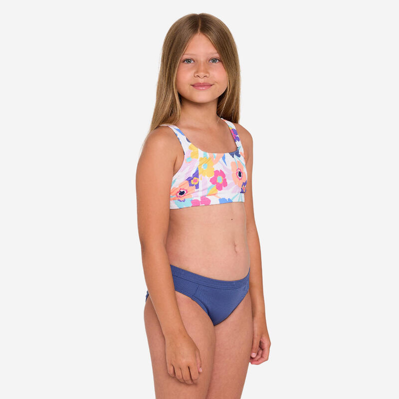 Çocuk Yuvarlak Yaka Bikini Üstü - Beyaz - Çicek Desenli - 500 NORA