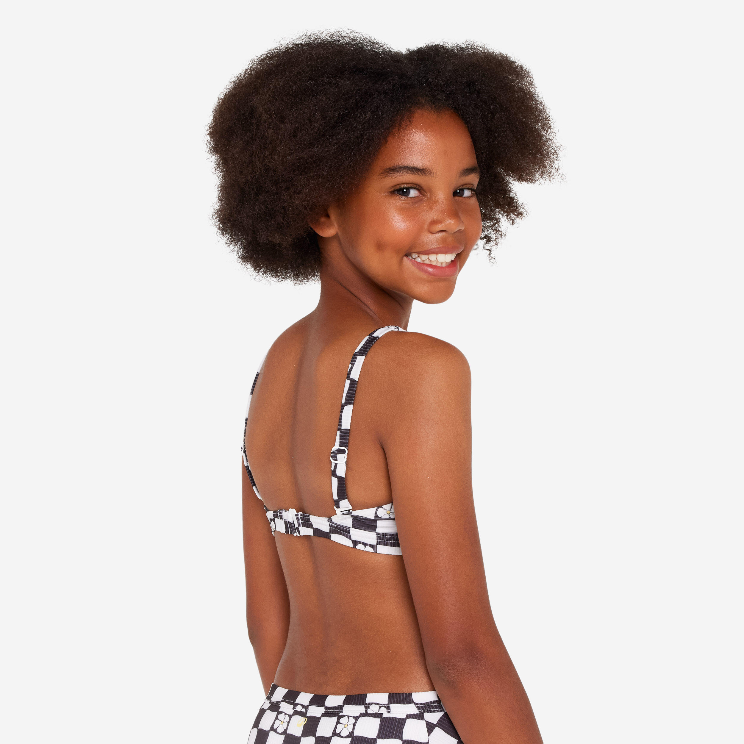 Top de Bikini de Surf Soutien floral regulável Menina - 500 Nora preto e branco 3/9