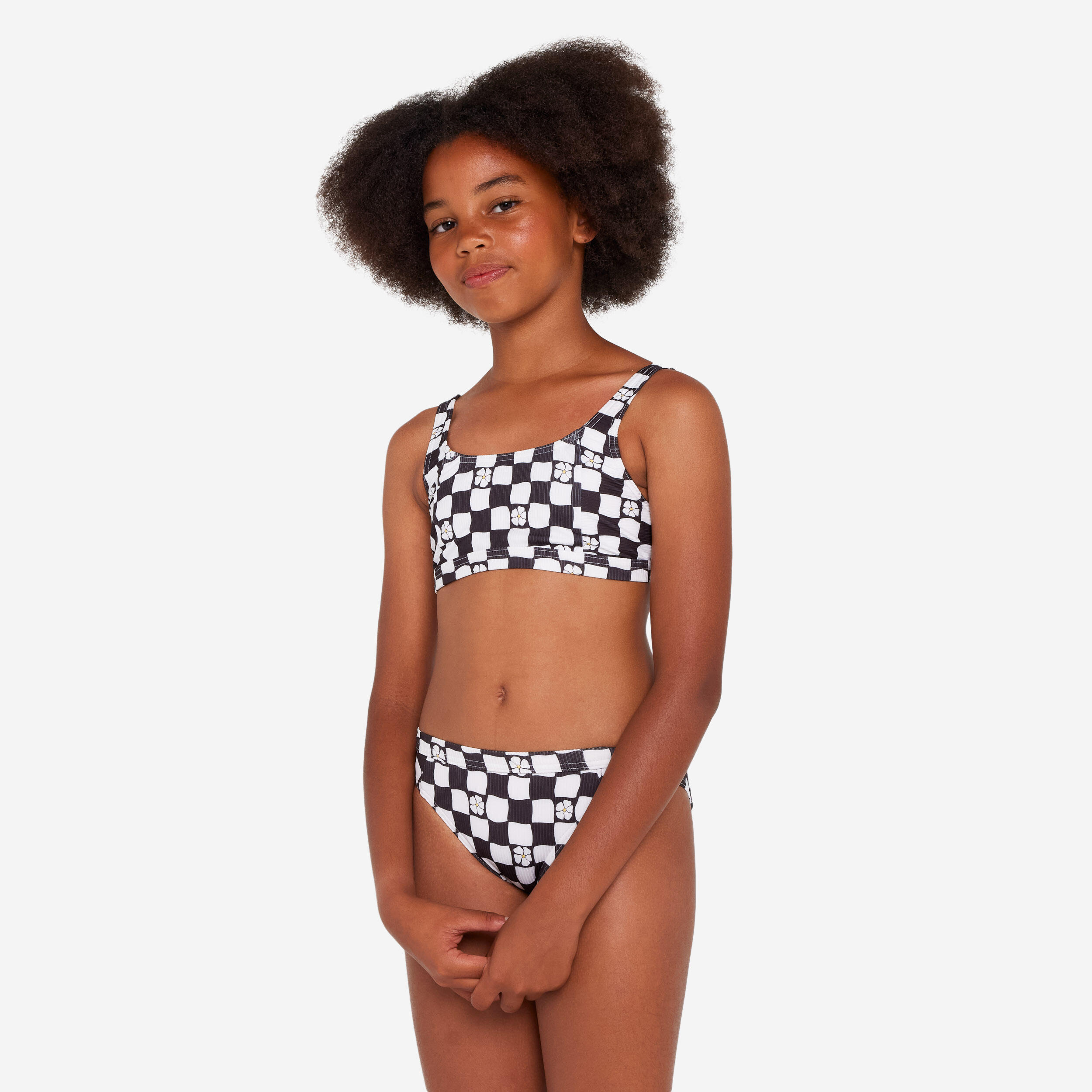 Top de Bikini de Surf Soutien floral regulável Menina - 500 Nora preto e branco 4/9