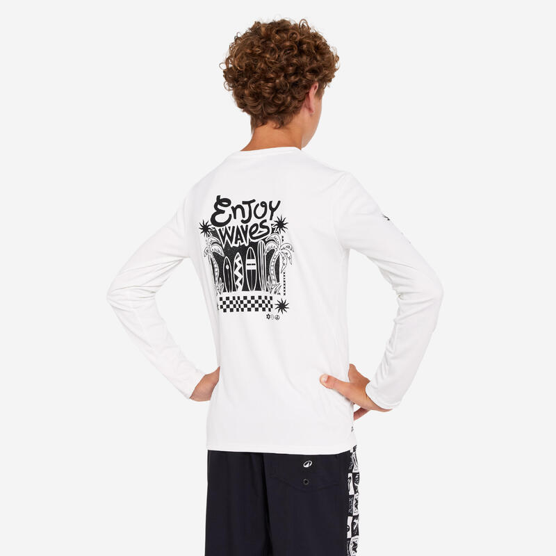 T-shirt anti UV manches longues surf Junior - 100 Quiver blanc