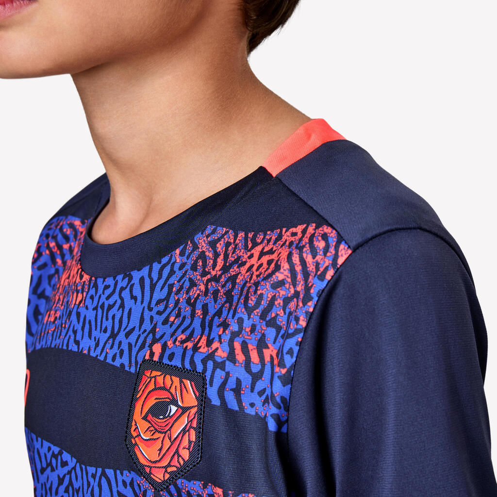 Playera de futbol de rayas azules y violetas con rinoceronte para niños Viralto