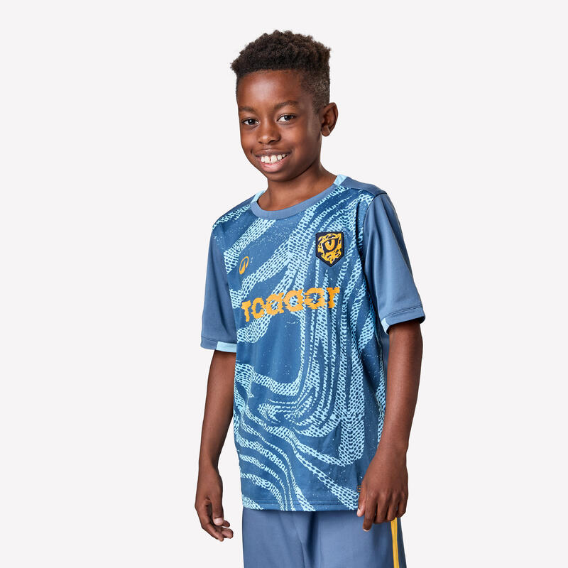 CAMISOLA DE MANGA CURTA DE FUTEBOL CRIANÇA KIDS CHITA AZUL/CINZENTO/AMARELO
