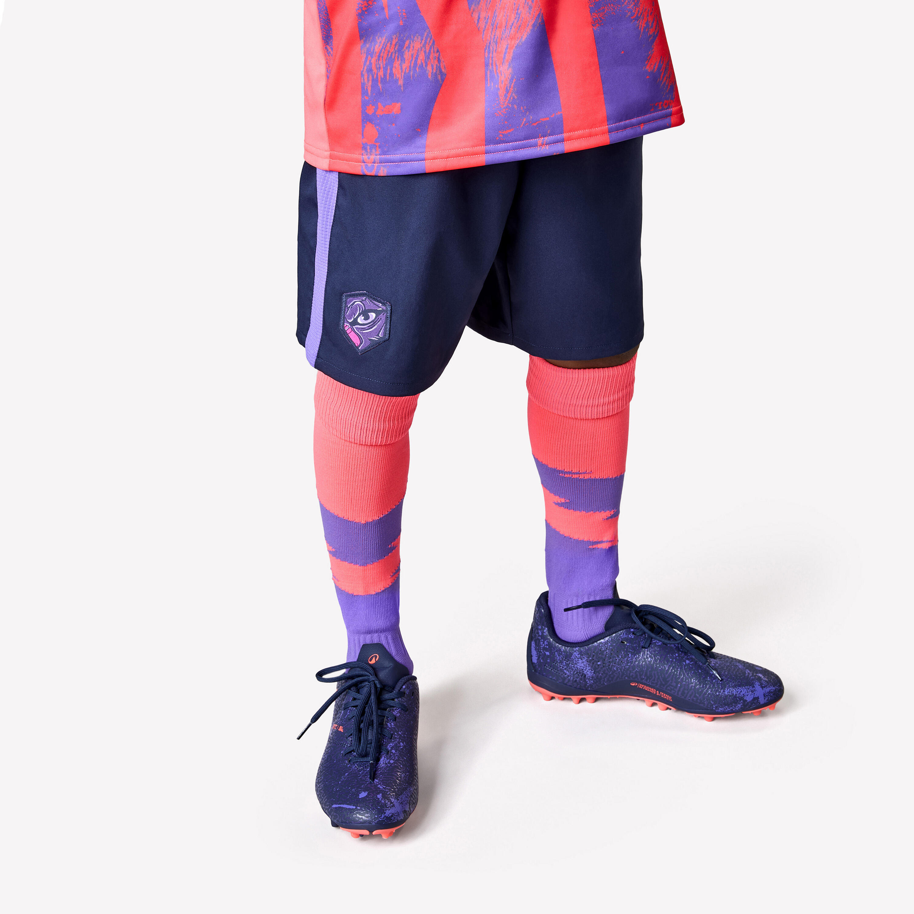 Kids' Football Shorts Viralto - Blue with Purple Stripe