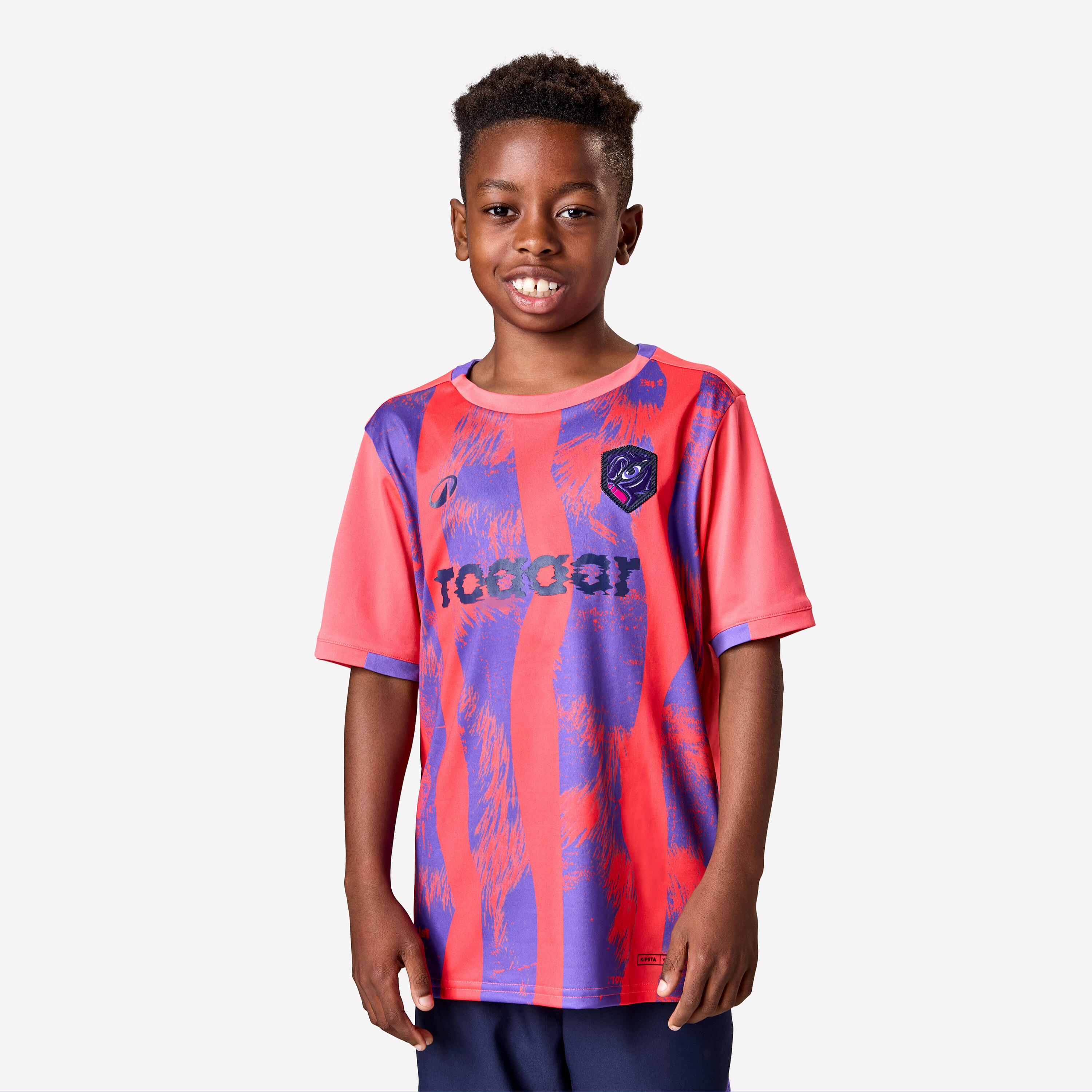 Kids' Short-Sleeved Football Shirt Viralto Roarrr Mandrill Stripey - Red Purple
