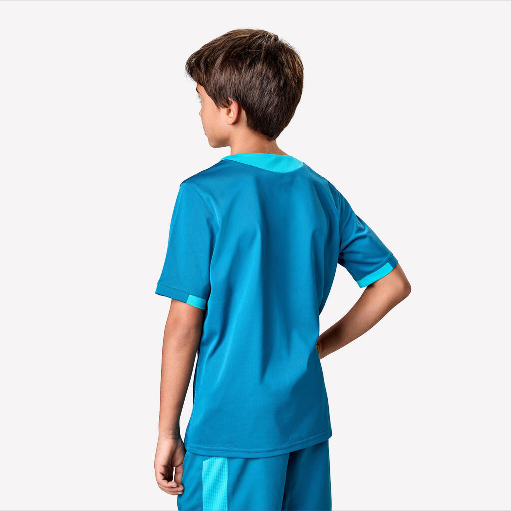 Kids' Short-Sleeved Football Shirt Viralto Roarrr Cheetah - Blue, Grey & Yellow