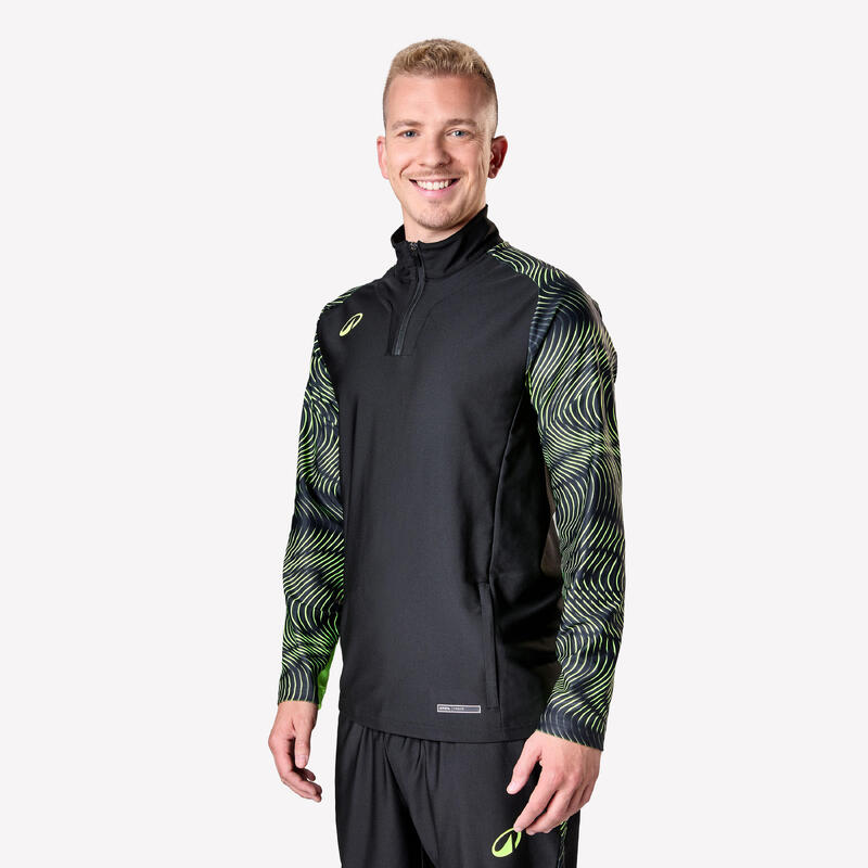 SWEAT DE FOOTBALL ADULTE 1/2 ZIP VIRALTO WAVE NOIR, JAUNE FLUO