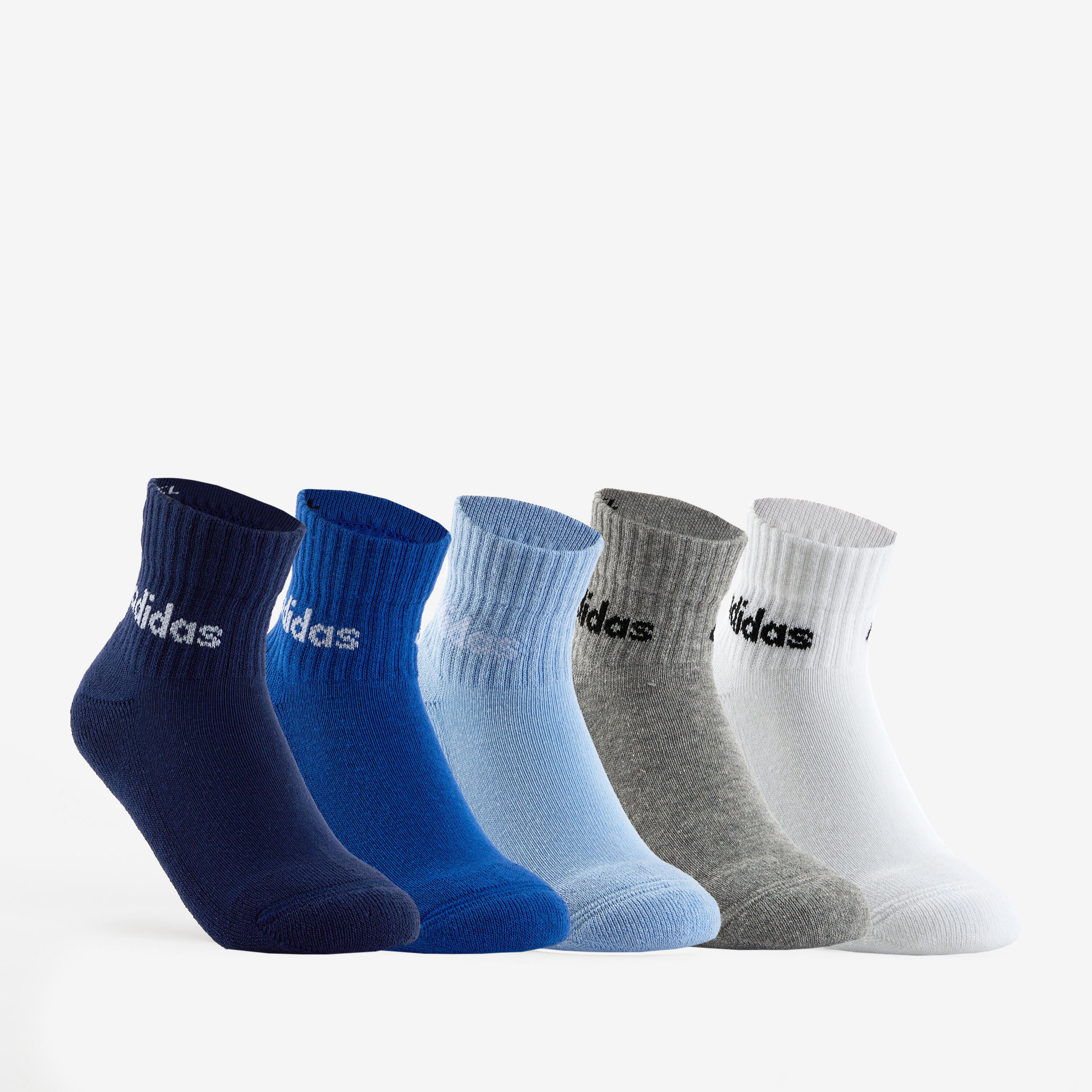 ADIDAS Kids' Sports Socks Mid x 5 - Navy Blue/Grey/White