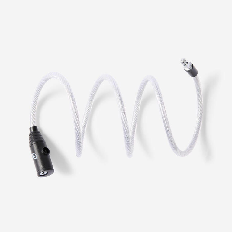 Grey spiral cable bike lock with key locking mechanism.