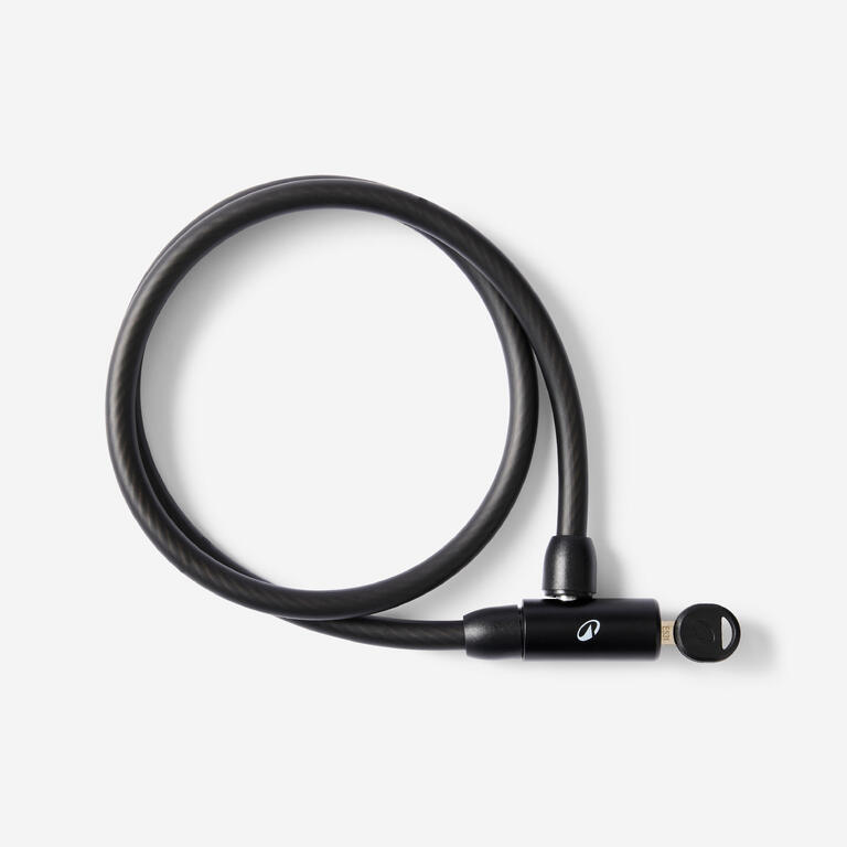 Black coiled cable bike lock with key locking mechanism.